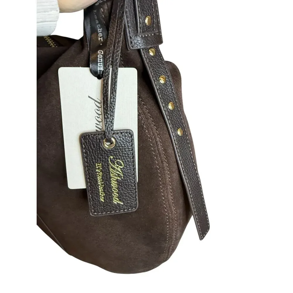 Ashwood Suede Crescent Slouchy Hobo Bag Studded Strap Detail Chocolate Brown